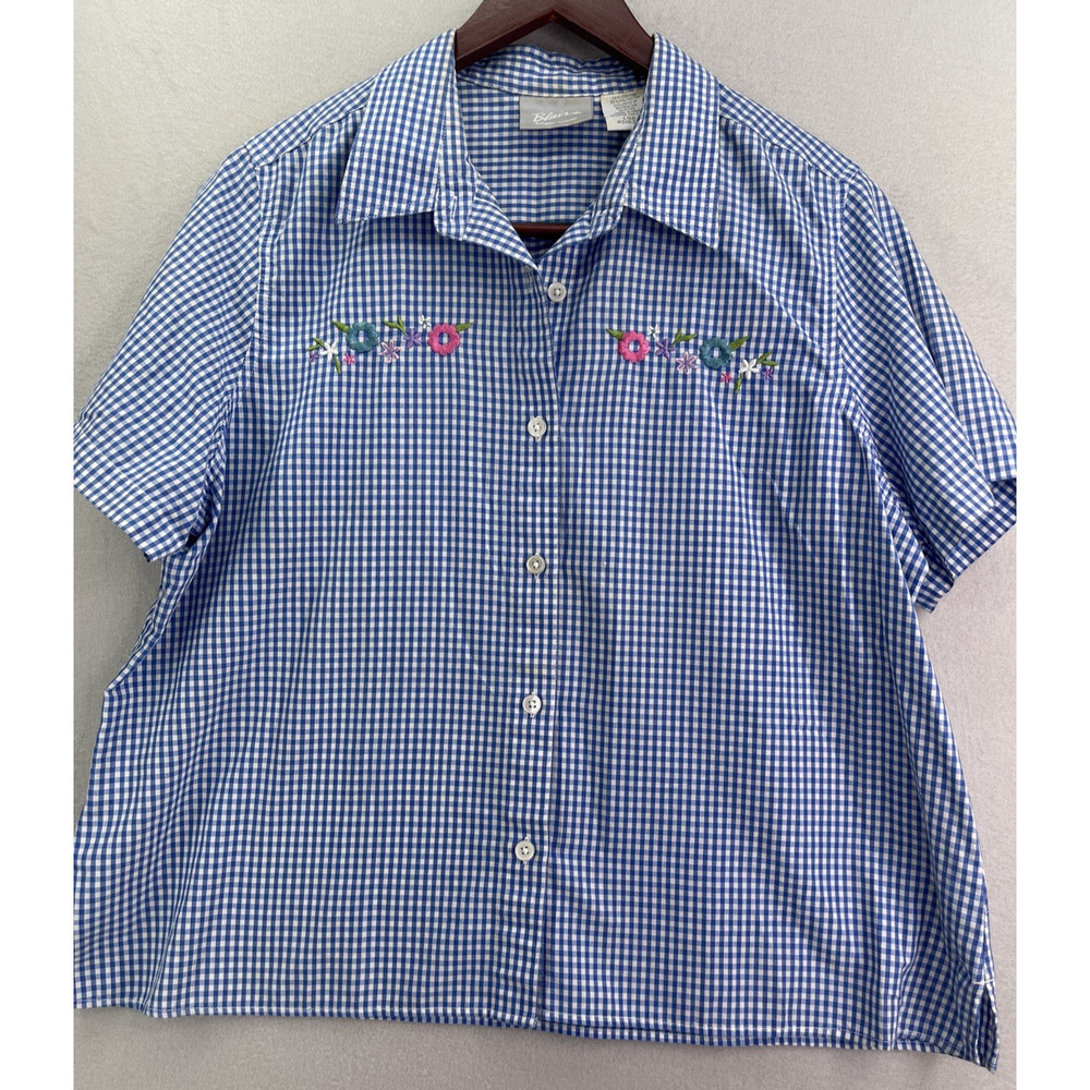 Embroidered Blouse Women’s Large Cottagecore Button Blair Blue Large Gingham